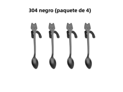 Conjunto De 4 Peças Na Cor Preta. Colheres De Café Em Aço Inoxidável 304 Com Formato De Gato E Minhoca, Banhadas A Platina E Com Borda Para Mexer.