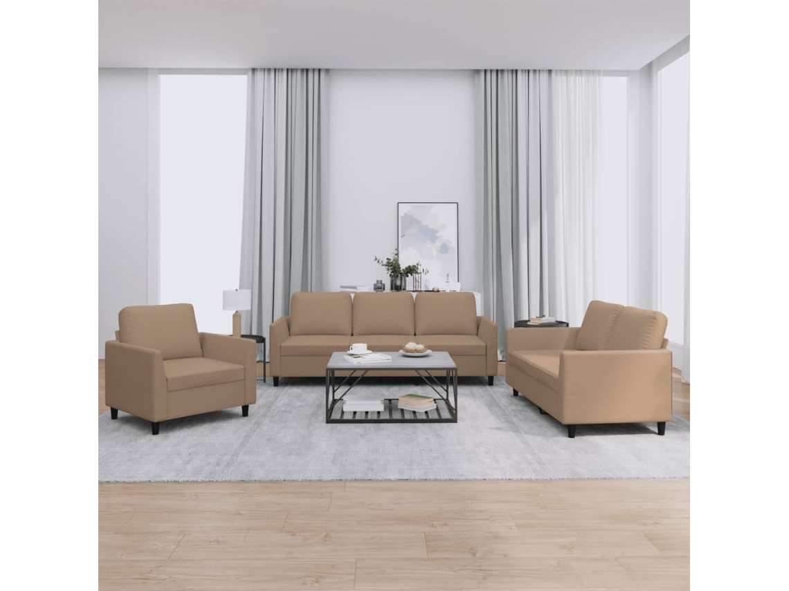 Vidaxl 3 Pcs Conjunto Sofás C/ Almofadões Couro Artificial Cappuccino
