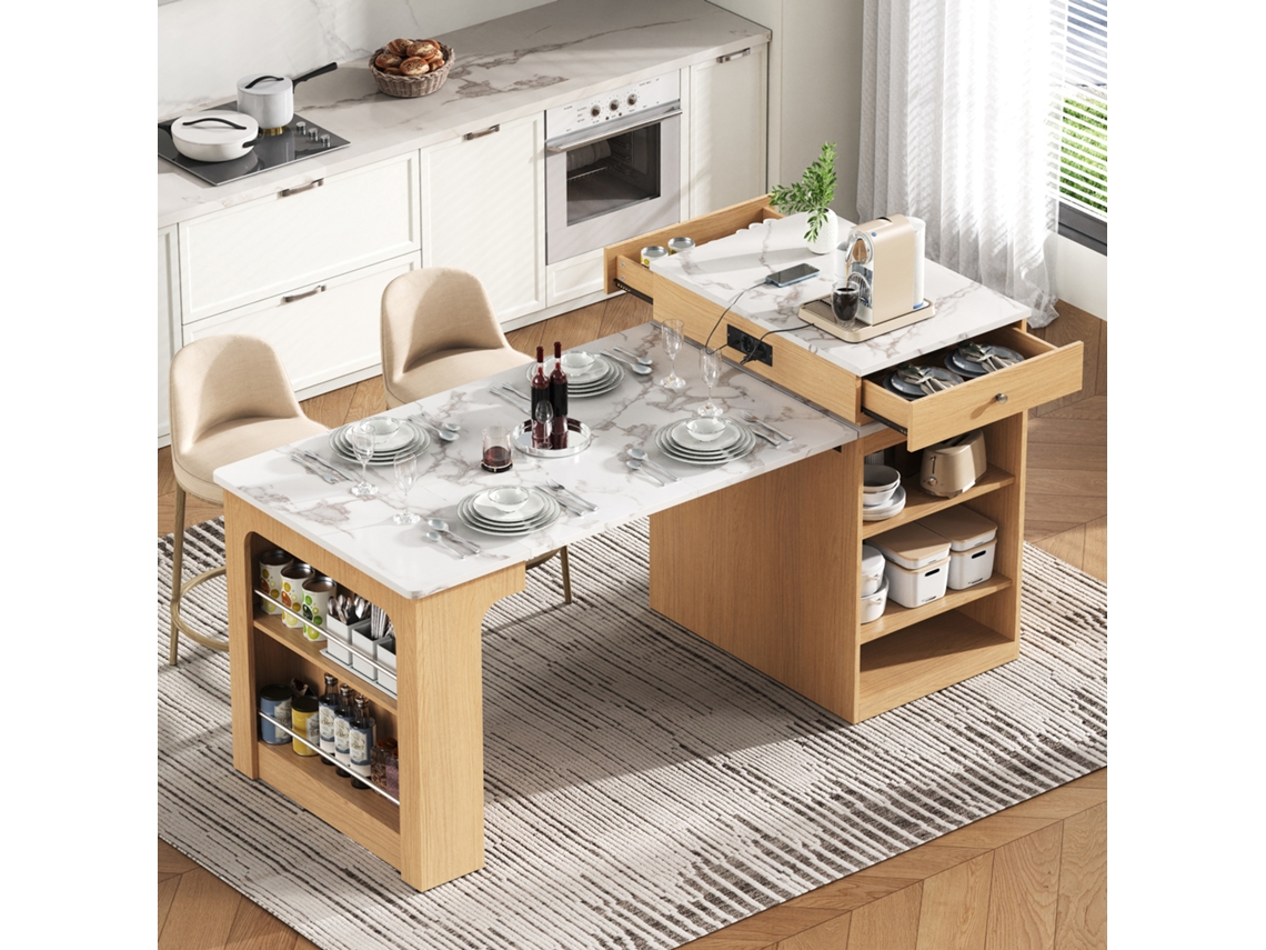 Ilha De Cozinha Com Rodas E Mesa Extensível, Barra Com Tomadas, Multifuncional, Natural