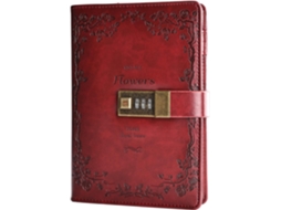 Caderno De Couro Floral Com Cadeado, Para Anotações, Com Combinação De Senha, Pautado E Recarregável, 200 X 140 Mm, Vermelho