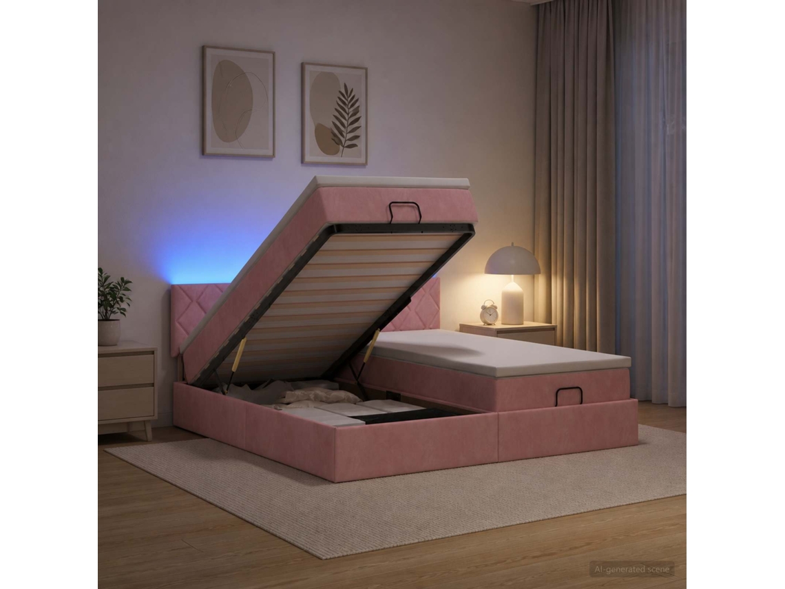 Vidaxl Cama Ottoman Com Colchão E Led Rosa 160 X 200 Cm Veludo
