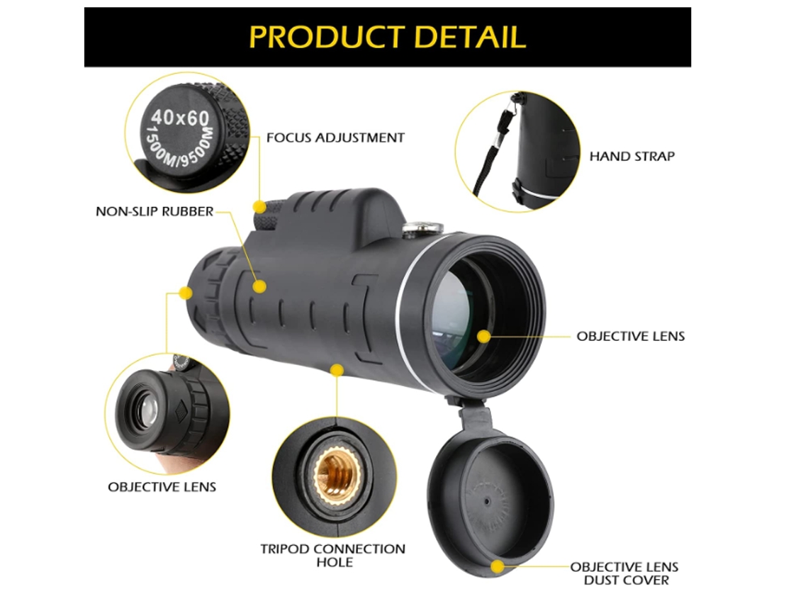 Telescópio Monocular 40x60, Hd High Power Prism Monocular Monocular Impermeável, Preto Bestvite