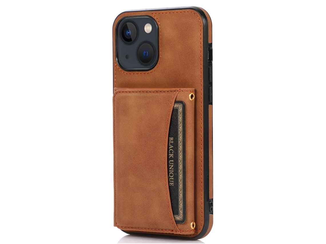 Capa Quedas Para Iphone 13 Mini Pele Sintética Com Porta-cartões Castanho