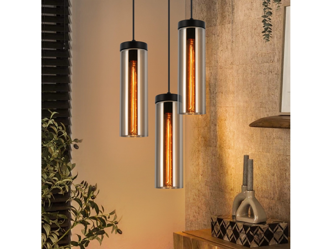 Luminária Pendente De Mesa De Jantar Em Vidro Preto Fosco Retrô 3 Chamas E27 Nettlife