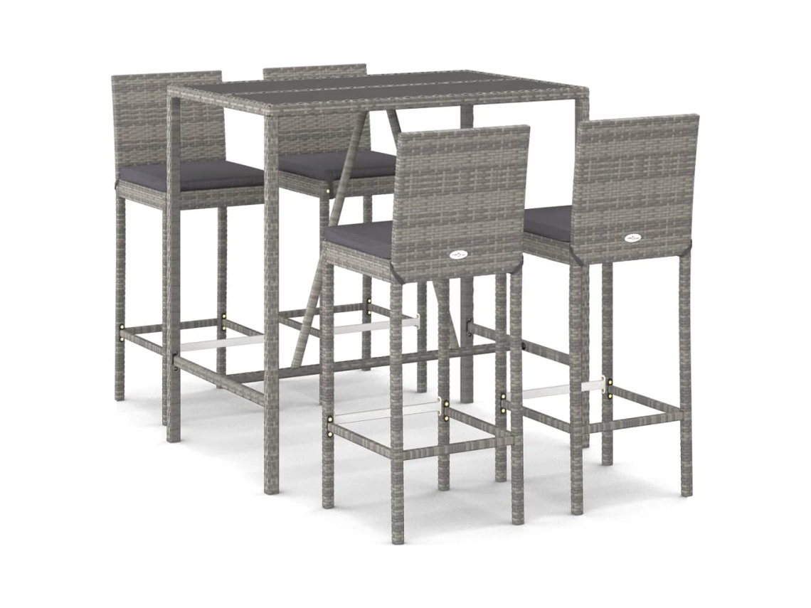 Conjunto 5 de bar p/ jardim c/ almofadões VIDAXL vime PE cinzento