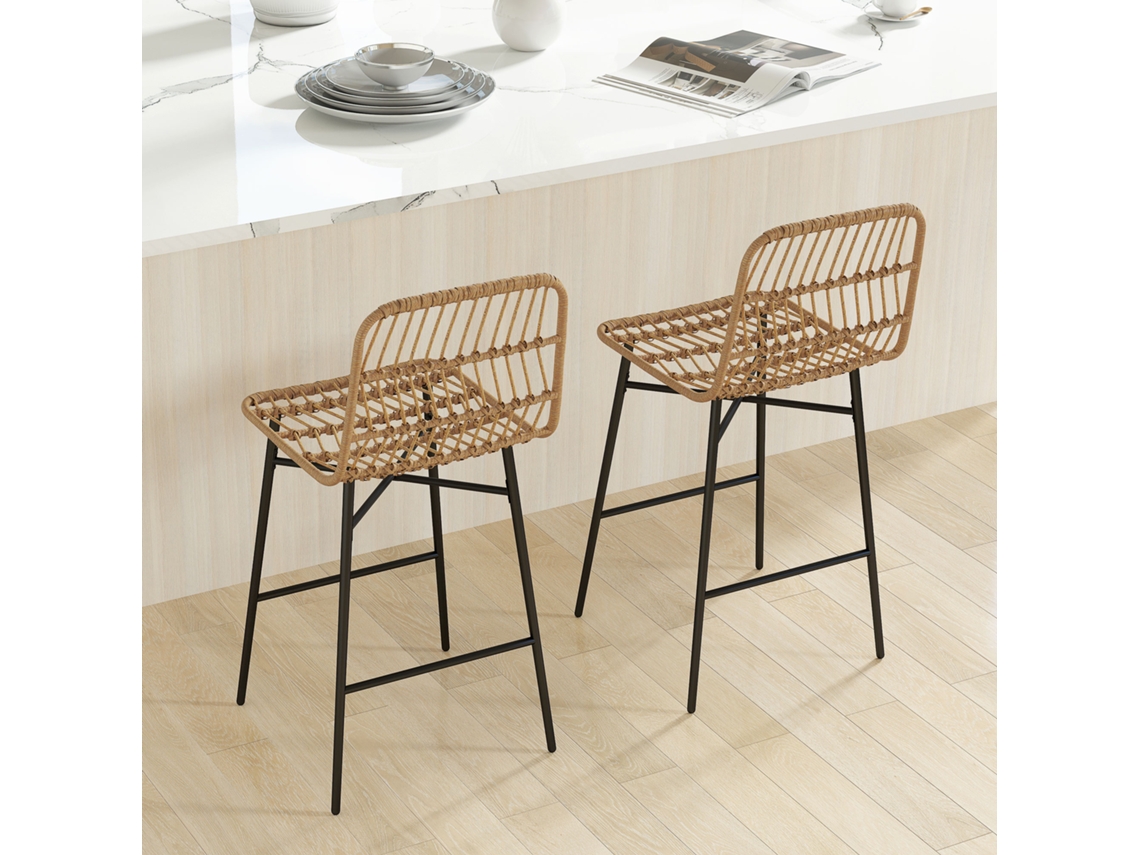 Conjunto De 2 Banquetas De Bar Com Encosto E Assento Em Vime Sintético, 43x56x101 cm, Marrom‑claro