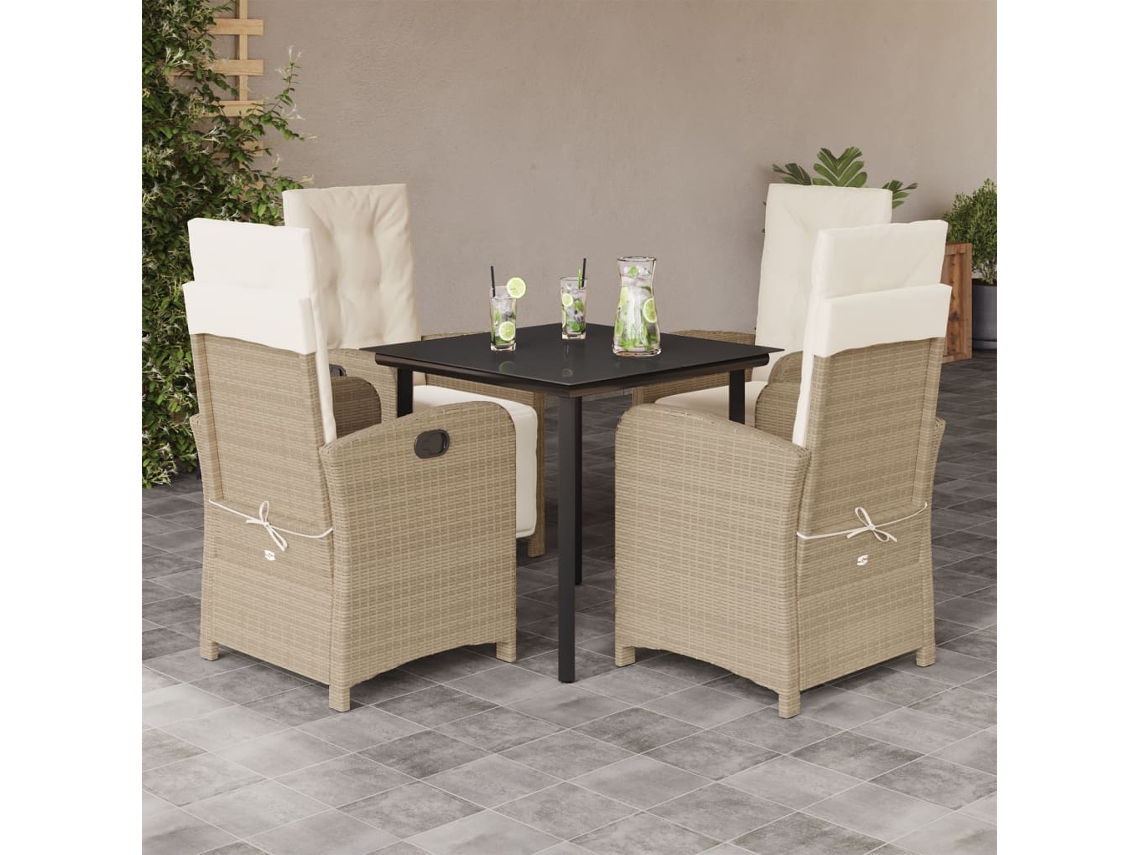 Vidaxl 5 Pcs Conjunto De Jantar P/ Jardim Com Almofadões Vime Pe Bege