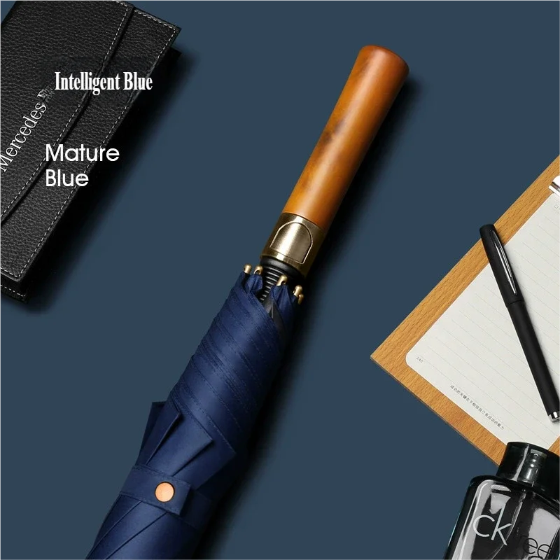 Guarda-chuva De Golfe Automático Para Negócios (azul Marinho 8k), Guarda-chuva Premium De Madeira Com Cabo Longo.