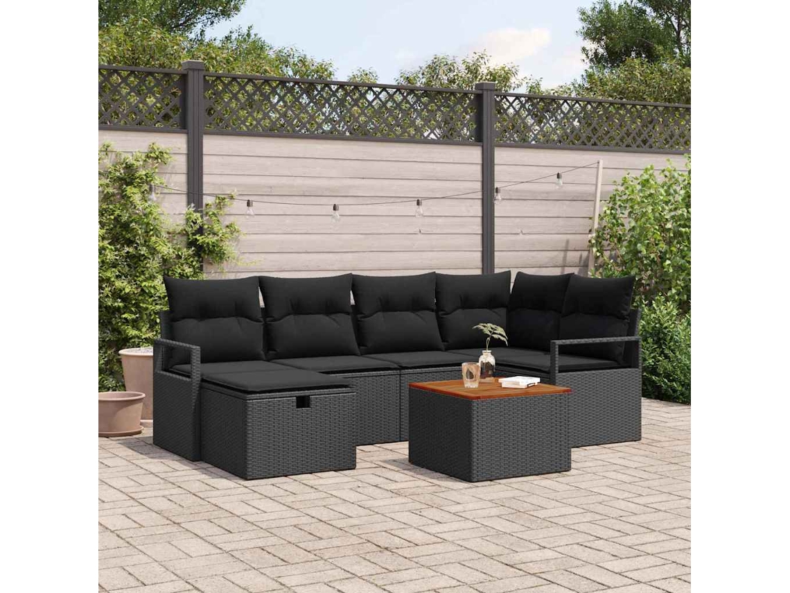 Vidaxl Conjunto De Sofá De Jardim 7 Unid. Preto Vime Pe