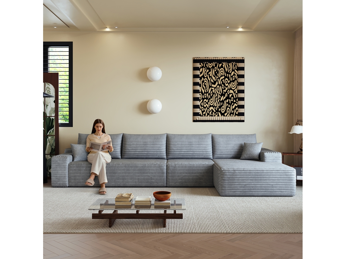 Sofá De Canto L Modular 340 Cm Com Chaise Longue, Assento Profundo, Moderno, Sem Montagem, Cinzento