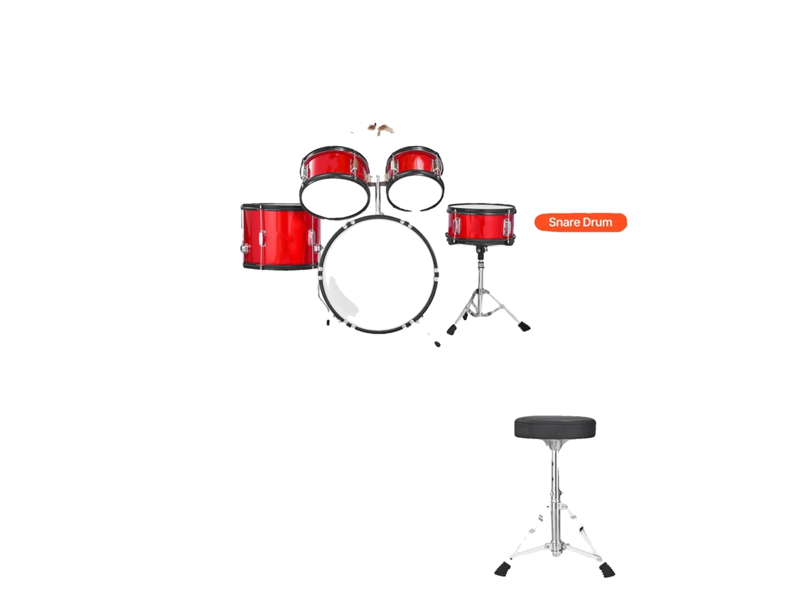 Bateria Infantil, Conjunto De 5 Peças, Banqueta Ajustável E Baquetas, 16 Polegadas Vermelho