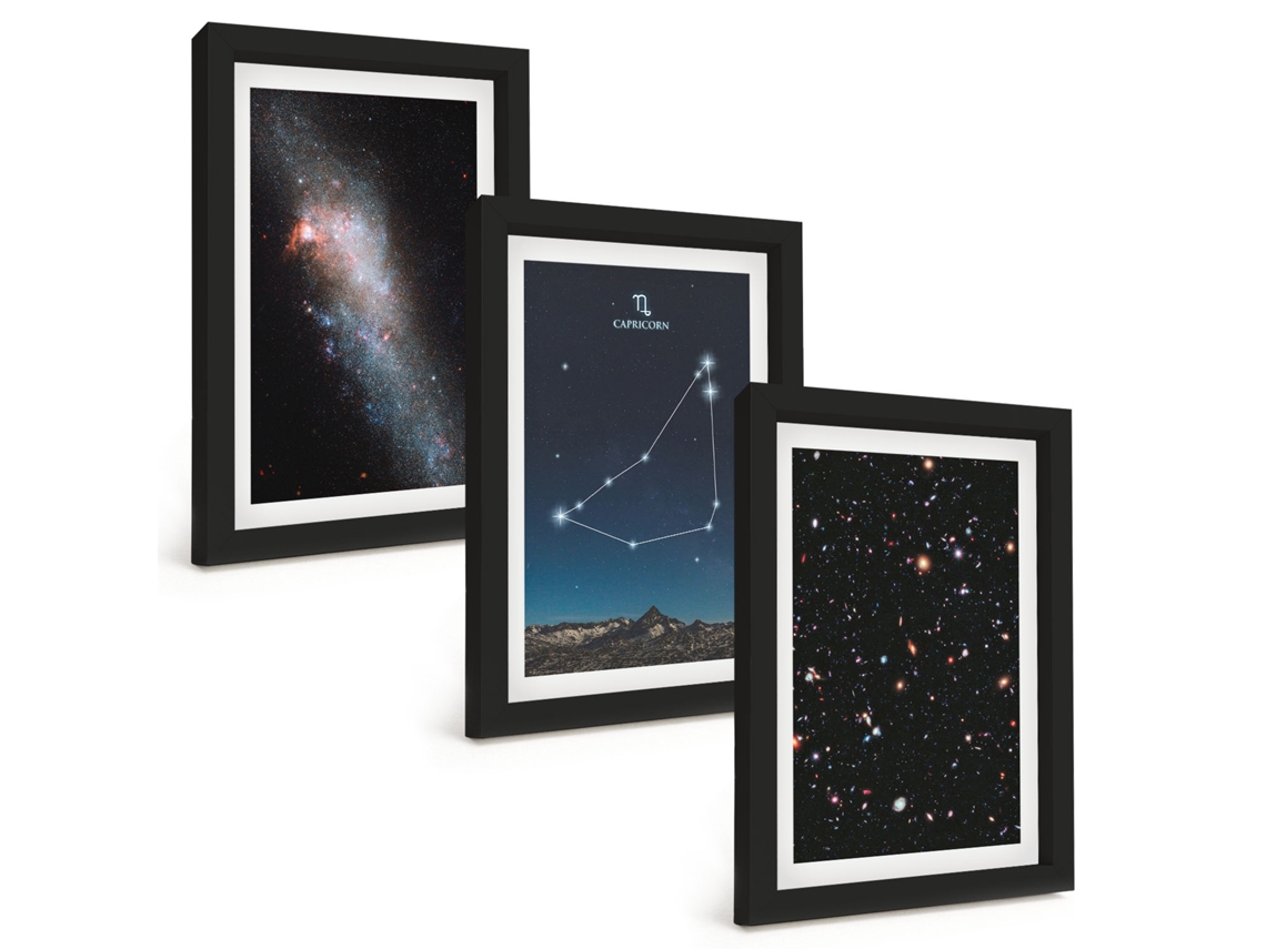 Quadros Decorativos Para Parede Constelação Da Galáxia De Capricórnio Moldura Preta Quadros Para O Escritório Espelharte (3 Peças 20x30 Cm)