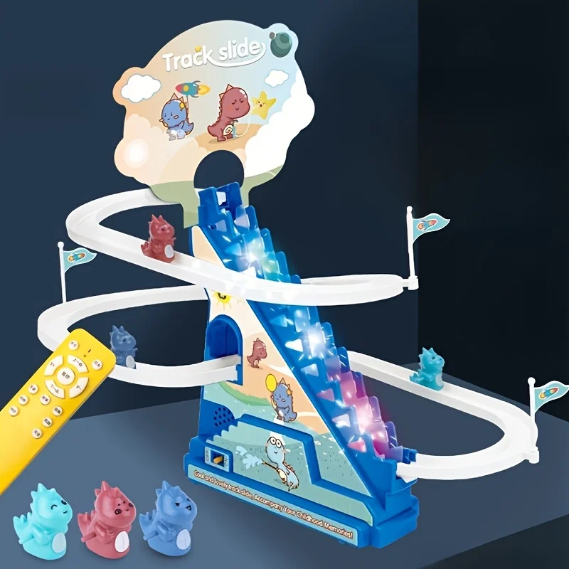 Brinquedo de Escorregador com Trilha de Dinossauro, Escada Elétrica para Subir, com Música e Luzes MDUG (azul)