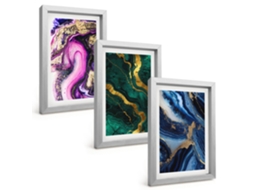 Conjunto De Pinturaspadrões Abstratos De Rosas, Vegetação Moldura Prateada Quadros Para A Sala De Estar Espelharte (3 Peças 20x30 Cm)
