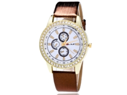 Relógio de Pulso Feminino de Quartzo Casual com Pulseira de Couro Pu Esfera Redonda Café