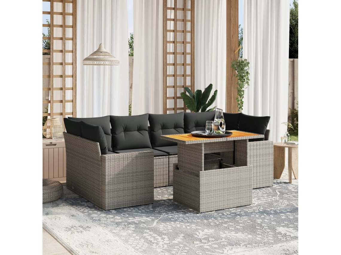 Vidaxl 7 Pcs Conjunto Sofás P/ Jardim C/ Almofadões Vime Pe Cinzento