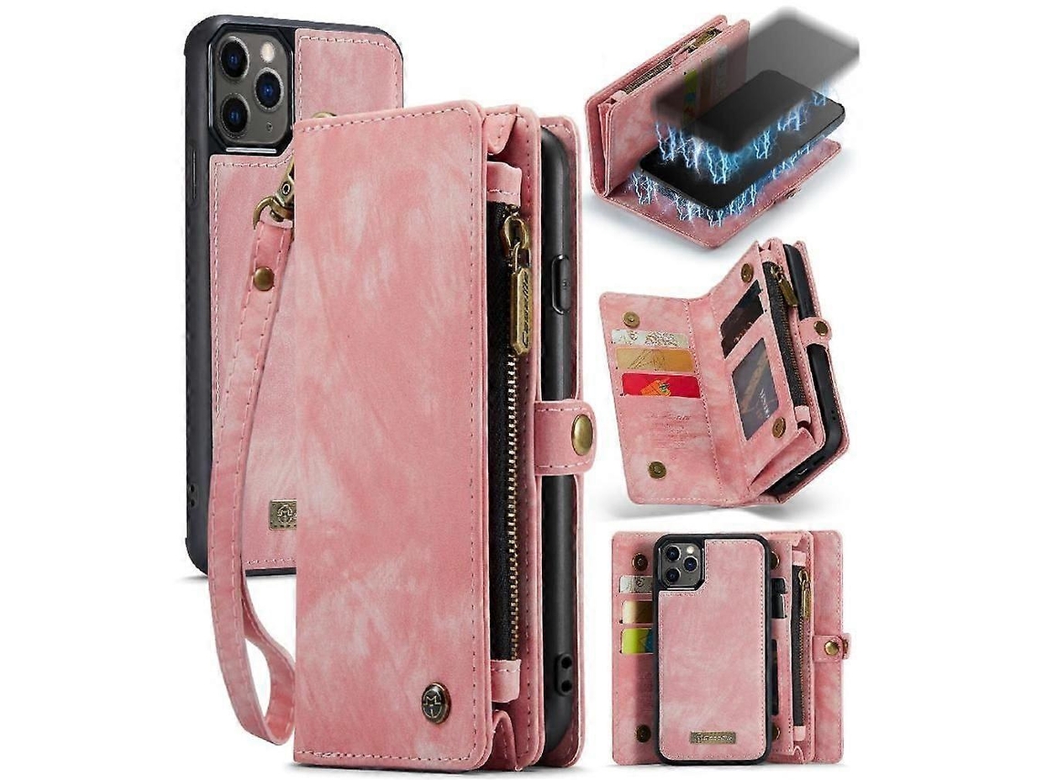 Capa Para Iphone 11 Pro Max, Capa Tipo Carteira Com Suporte Magnético Removível E Três Dobras, Com Zíper De Couro Feito À Mão E Tpu