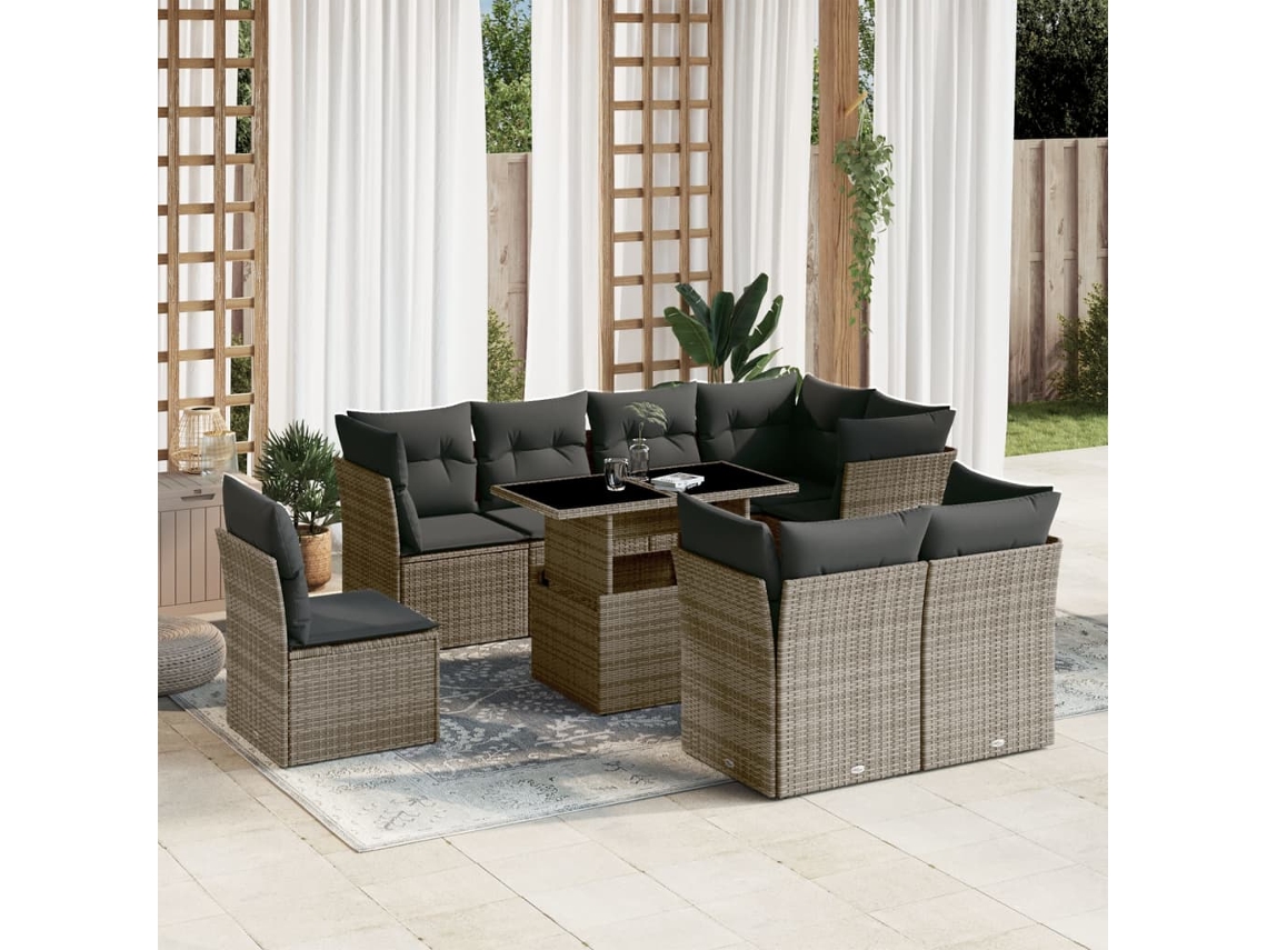Vidaxl 9 Pcs Conjunto Sofás P/ Jardim Com Almofadões Vime Pe Cinzento