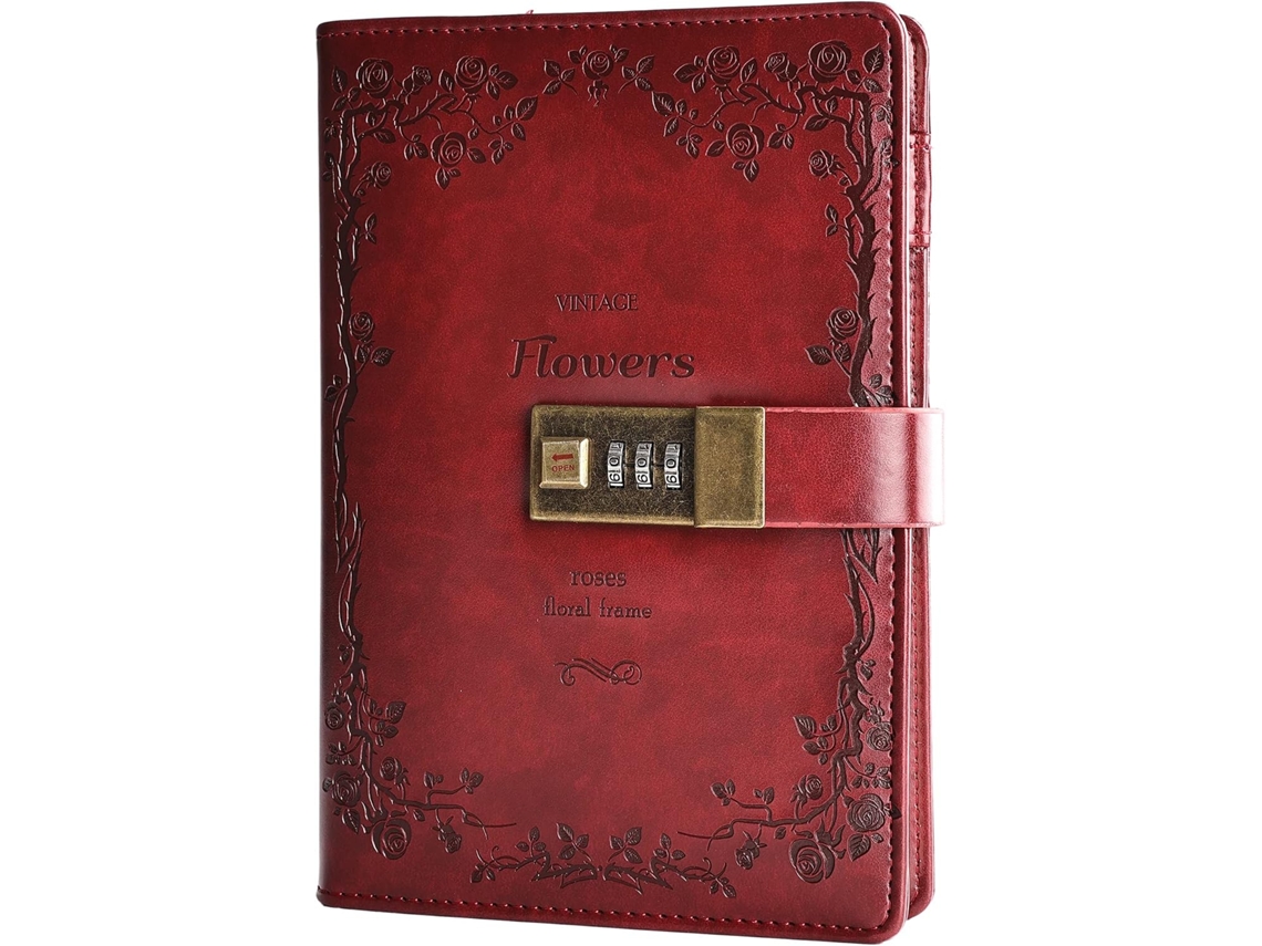 Caderno De Couro Floral Com Cadeado, Para Anotações, Com Combinação De Senha, Pautado E Recarregável, 200 X 140 Mm, Vermelho