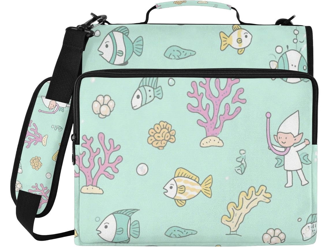 Pasta organizadora com 3 argolas, alça de ombro e bolsa com zíper para mesa escolar com estampa de peixes de coral.