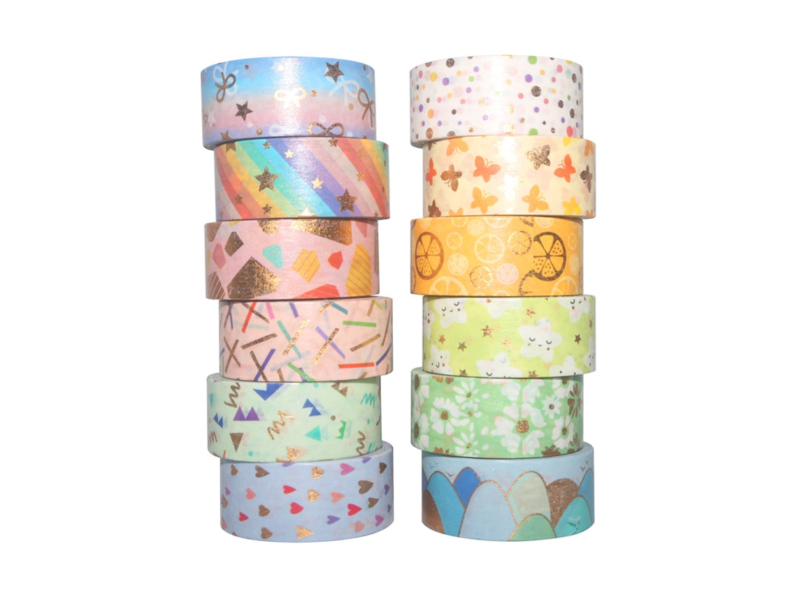 Fita Adesiva Washi, 12 Rolos, Washi, Com Estampa De Flor Dourada, Ideal Scrapbooking