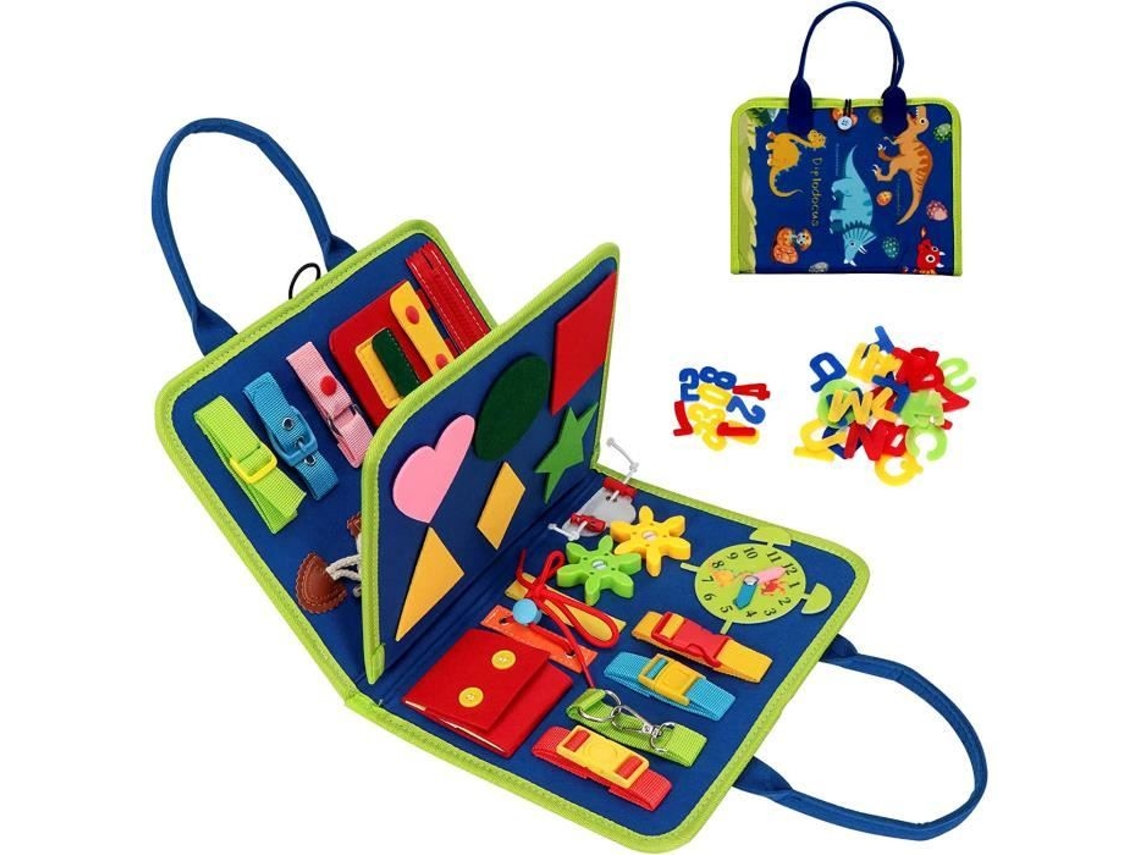 Quadro De Atividades Para Crianças Tabuleiro Montessori Portátil De Brinquedo De Dinossauro Azul 1 A 4 Anos Aquaforge
