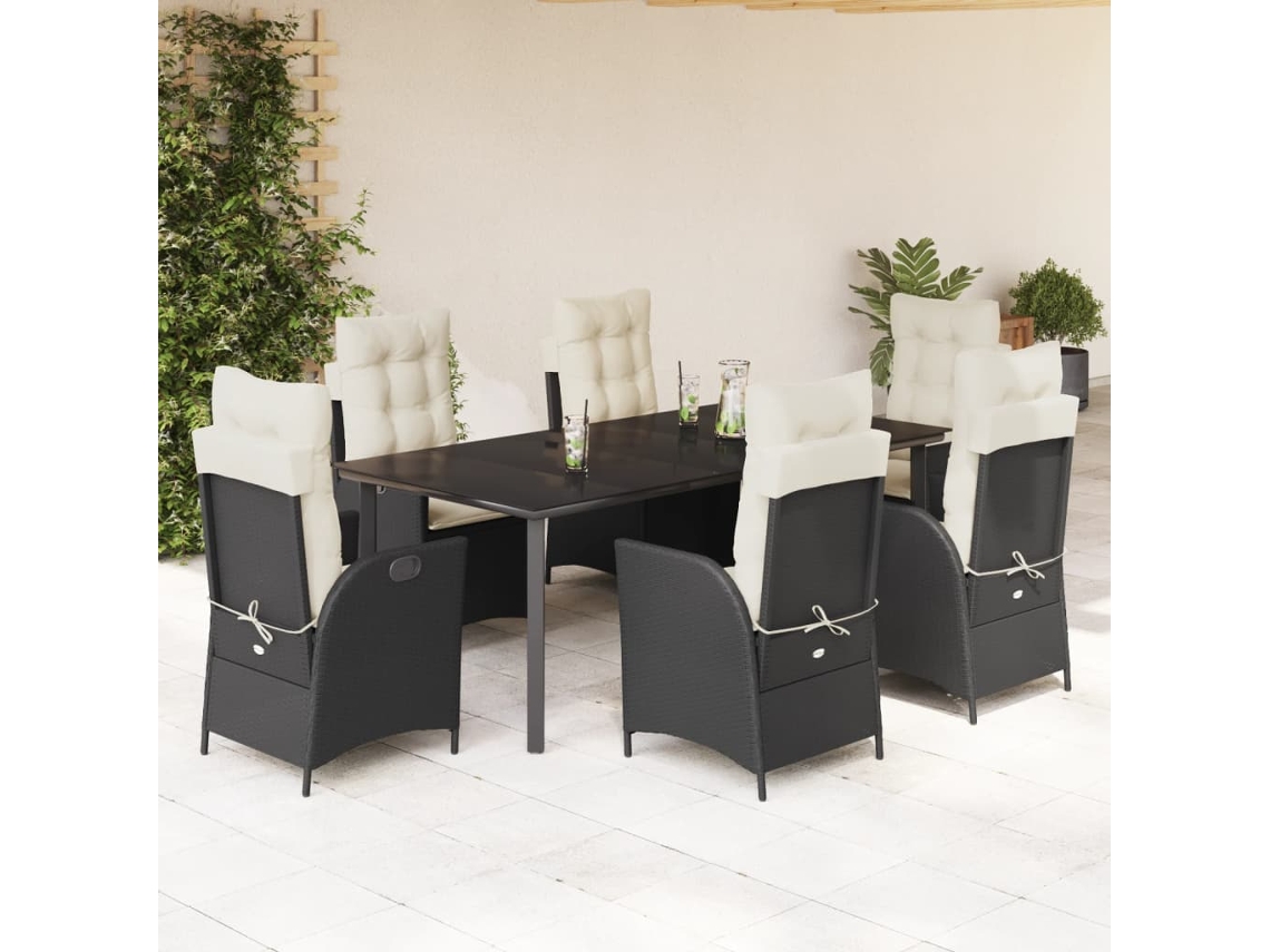Vidaxl 7 Pcs Conjunto De Jantar P/ Jardim C/ Almofadões Vime Pe Preto