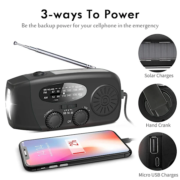 Rádio de Manivela com Células Solares, Lanterna, Bateria Externa, Preto AQUAFORGE