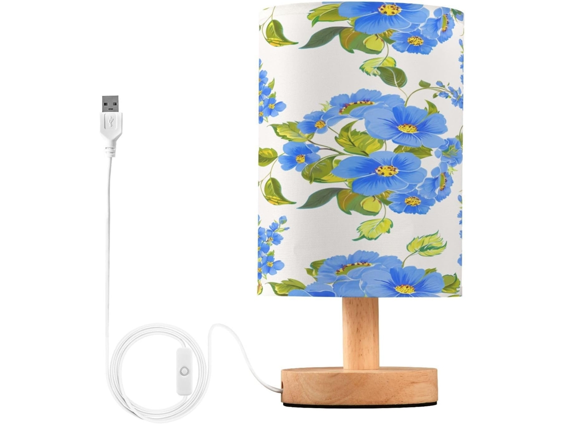 Abajur De Cabeceira Led Em Formato Flor Azul Para Quarto, Luminária De Leitura Com Portas Usb E Cúpula Tecido Para Sala