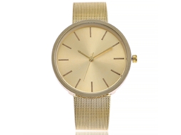 Relógio feminino de quartzo com pulseira de liga metálica, mostrador redondo grande e elegante na cor dourada.
