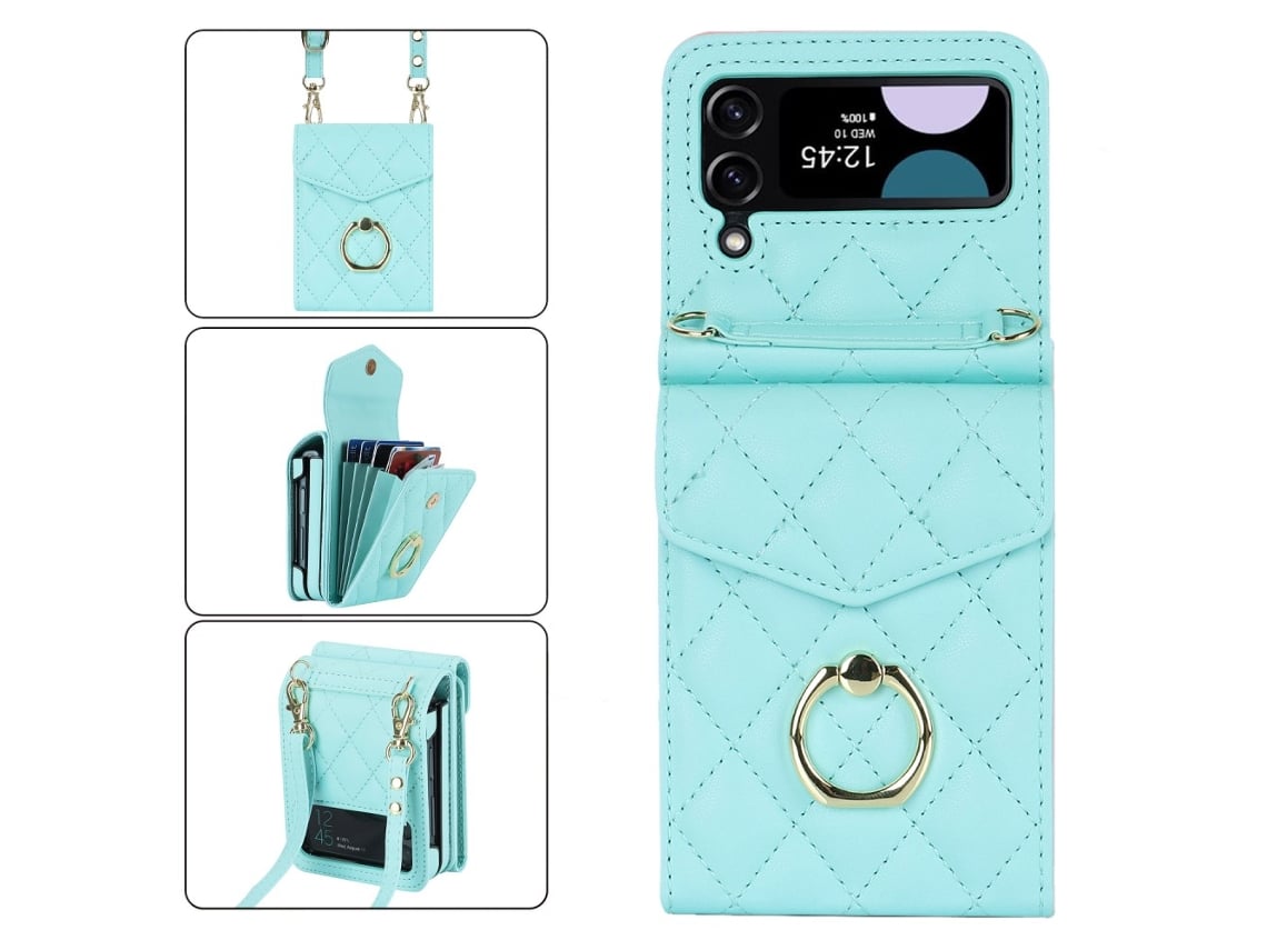 Capa Bloqueio Rfid Anéis Para Samsung Galaxy Z Flip 3 5g Pele Sintética Com Porta-cartões Verde