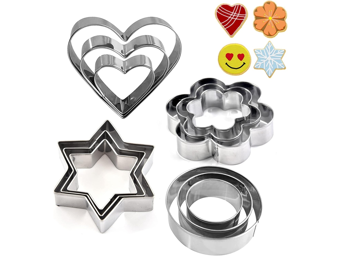 Conjunto De Cortadores - 12 Peças - Aço Inox - Redondo, Coração, Estrela, Flor