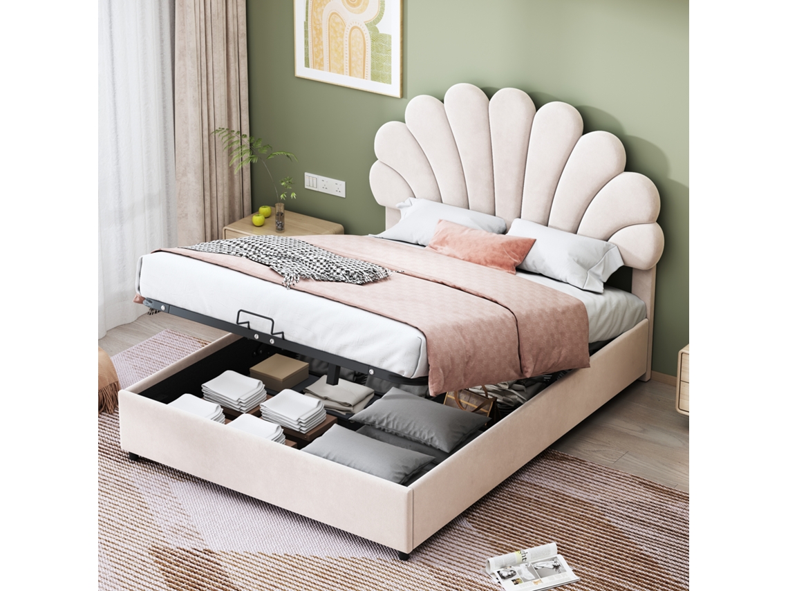 Cama Com Baú Estofada Em Veludo - 140x200 Cm - Cabeceira Em Forma De Flor - Com Estrado De Ripas - Bege