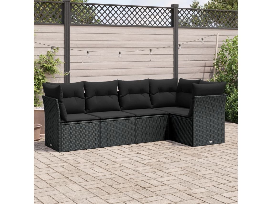 Vidaxl 5 Pcs Conjunto Sofás De Jardim Com Almofadões Vime Pe Preto