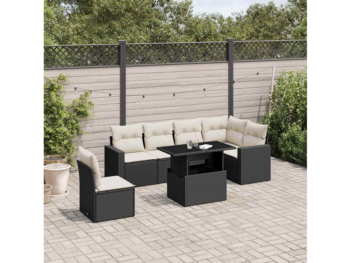 Vidaxl 7 Pcs Conjunto de Sofás P/ Jardim C/ Almofadões Vime Pe Preto