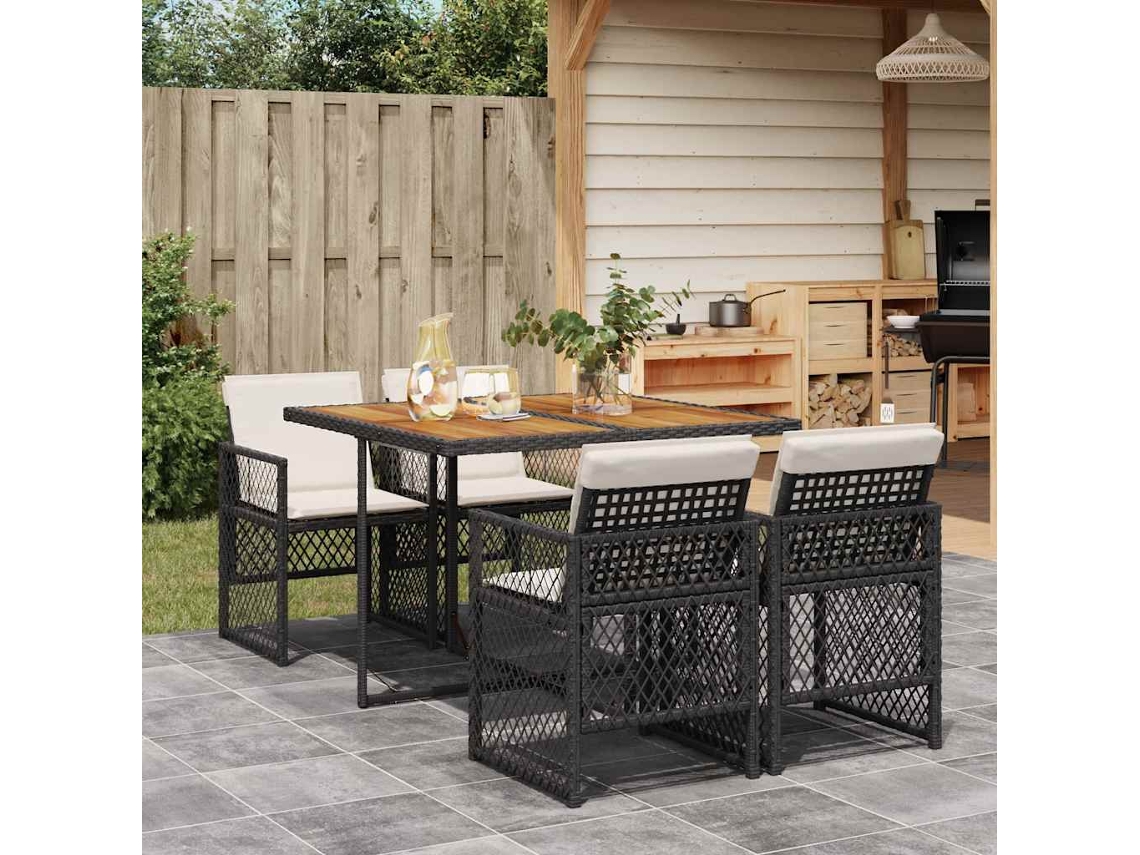 Vidaxl 5 Pcs Conjunto De Jantar P/ Jardim C/ Almofadões Vime Pe Preto