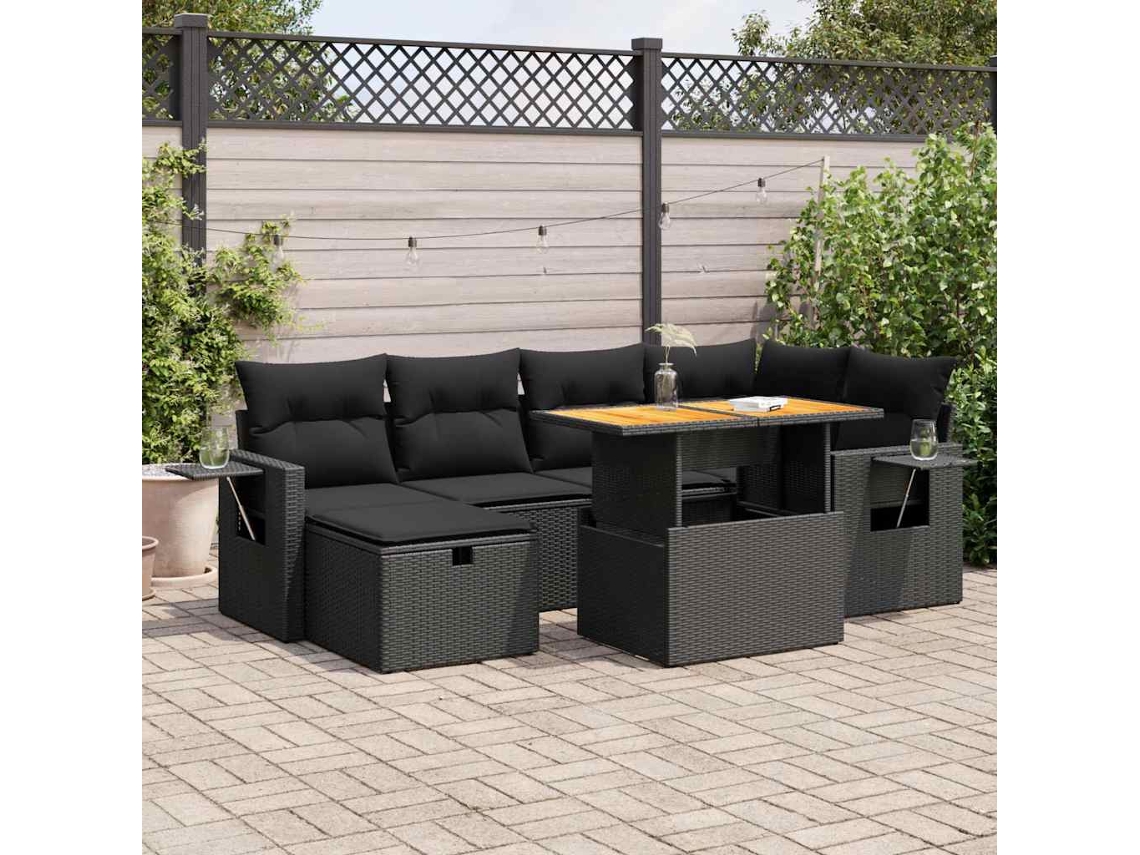 Vidaxl 8 Pcs Conjunto Sofás Jardim Com Almofadões Vime Pe/acácia Preto