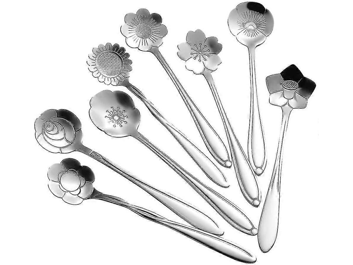 Set de 8 Colheres de Flor, Aço Inoxidável Reutilizável para Misturar Chá e Bebidas