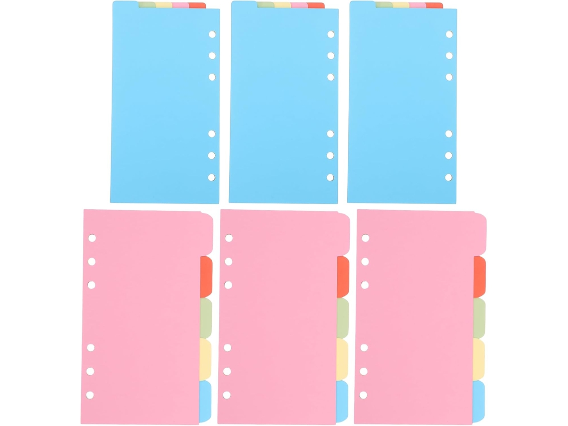 Conjunto de 6 divisórias de plástico para pastas Tehaux, ideais para uso em mesas, escolas e para fins pessoais.