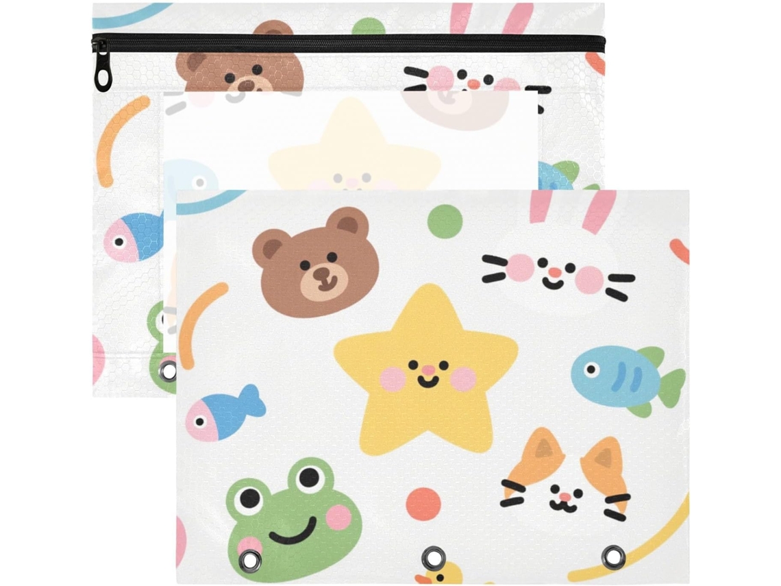 Conjunto de 2 Estojos Multifuncionais Plástico para Fichários 3 Argolas, Ideais Material Escolar, com Estampas