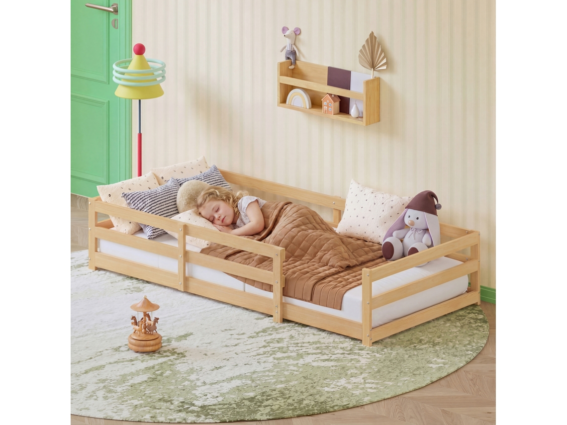 Cama Infantil Montessori de Chão 90x200 Cm com Barreira de Segurança, Sem Base, Madeira de Pinho, Fácil Montagem Natural NOVELA