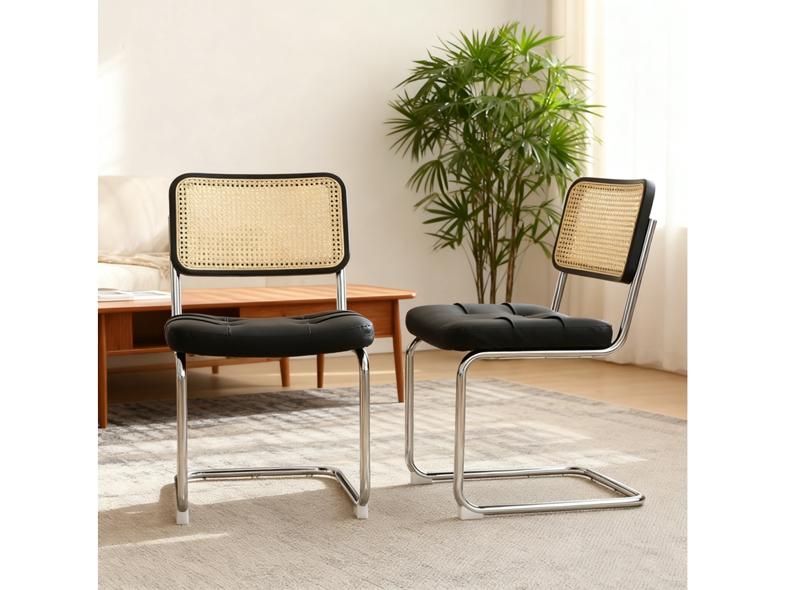 Conjunto 2 Cadeiras Jantar Couro Sintético, Base Cromada, Estilo Meados Século