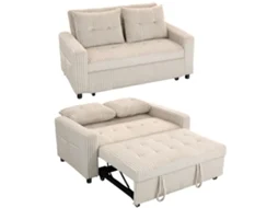 Sofá Cama 2 Lugares com Capa de Veludo Cotelê, Conversível, com 2 Travesseiros, Bolsos Laterais 157x190 cm Branco Creme | S/MARCA