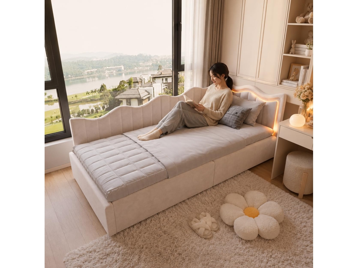 Cama Infantil 90x200, Sofá-cama Com Led, Cama De Chão, Cama Juvenil, Com Arrumação E Estrado De Ripas, Veludo Teddy, Sem Colchão