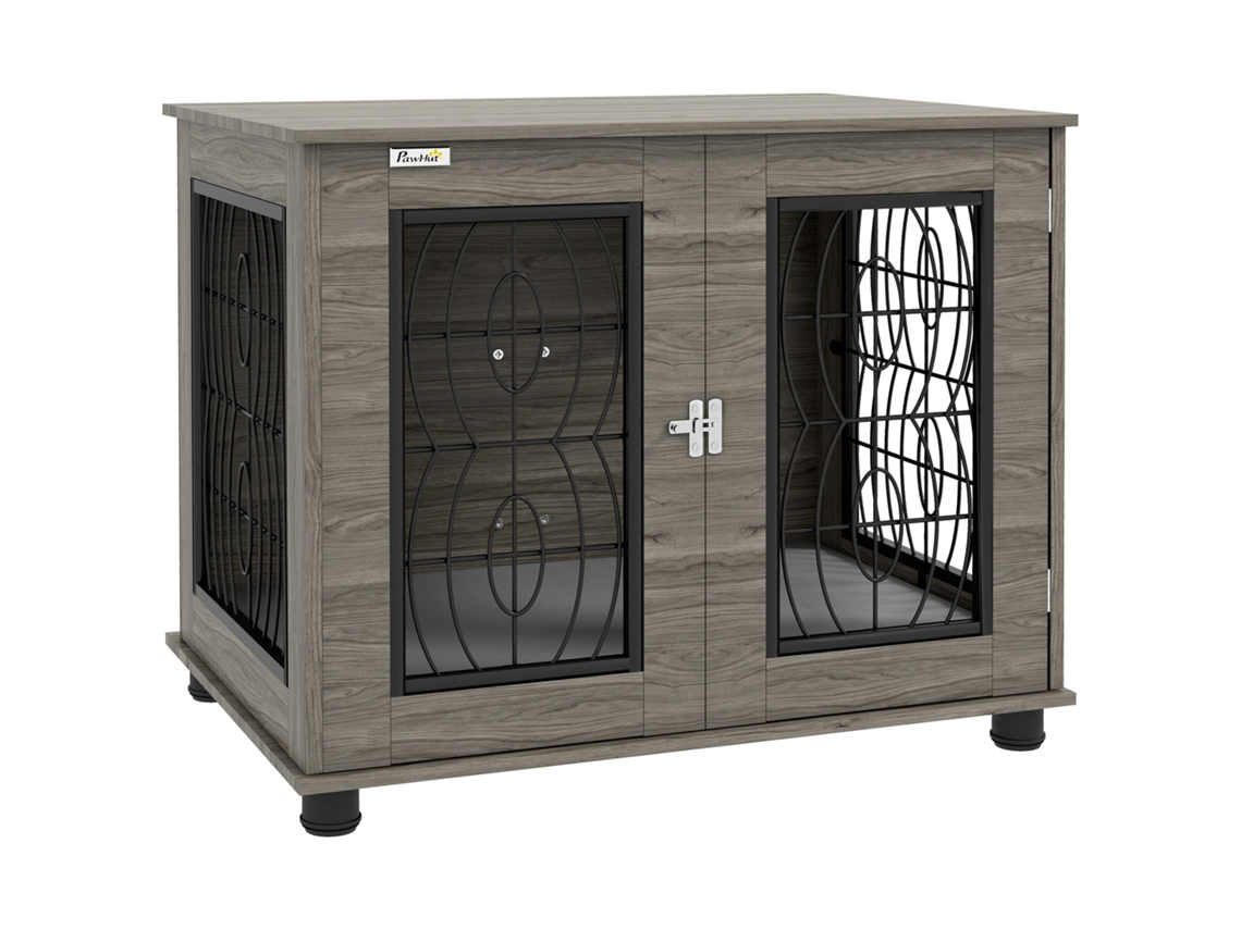Caixa Para Cachorro Com Almofada Para Deitar, Até 20kg/50cm De Comprimento Corporal, Metal, 80x56x63cm, Decoração Cinza/madeira