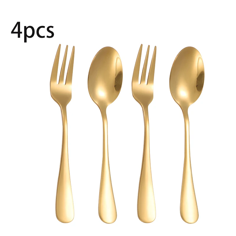 Conjunto De Colher E Garfo De Sobremesa Em Aço Inoxidável (4 Peças, Dourado), Utensílios De Mesa Simples E Elegantes Para Café, Sobremesas E Frutas.
