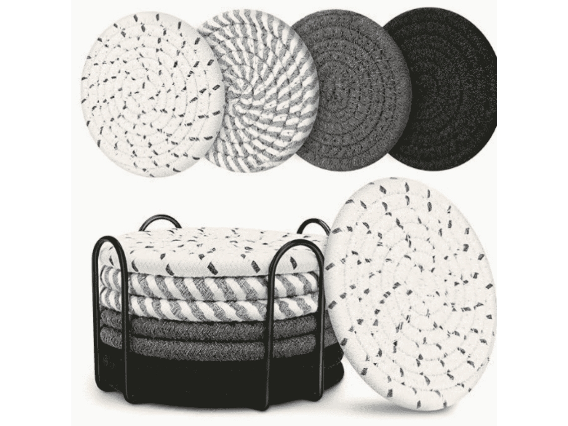 Tapete De Cozinha De Corda De Algodão, Pano Isolante, Para Panelas E Pratos, Tons De Preto E Cinza, 11cm, Conjunto De 8 Peças Com Suporte