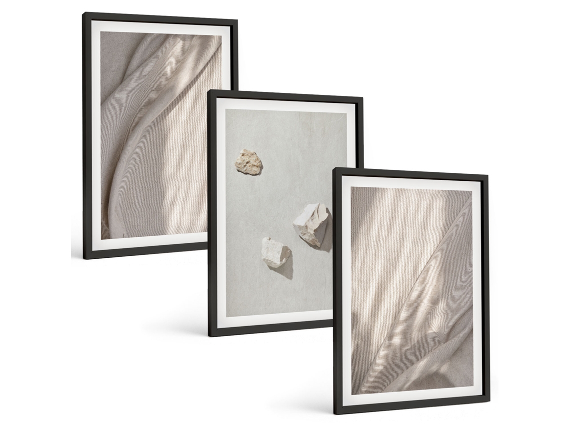 Conjunto De Pinturas Close-ups De Estruturas, Estilo Boho Moldura Preta Fotos Para O Escritório Espelharte (3 Piezas De 40x60 Cm)