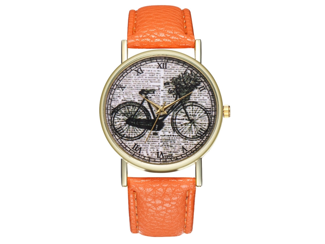 Relógio unissex casual de quartzo com pulseira de couro laranja.