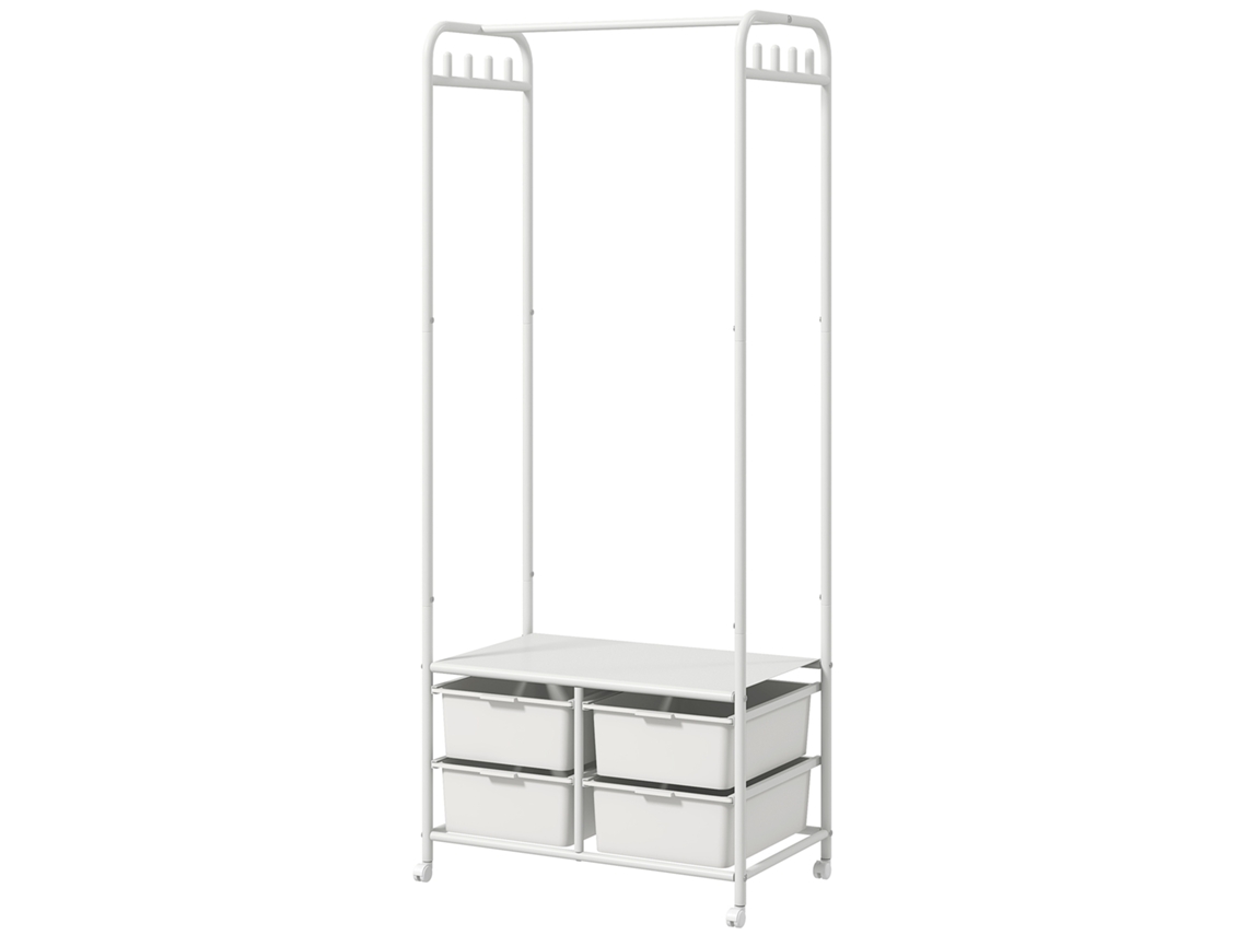 Charriot Moderno 8 Ganchos E 4 Cestos Para Armazenamento Com Rodas E Estrutura De Aço 63x37x153 Cm Branco